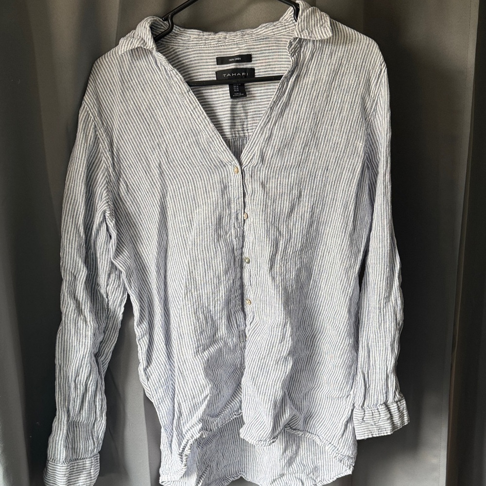 Tahari Women’s Blue Striped Linen Casual Shirt